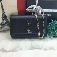 Чанта от кожена верижка YSL Caviar 22 см, черно-сребриста