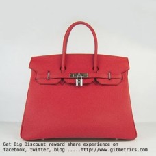Чанта Hermes Birkin 35 см от говежда кожа, червена, сребърна