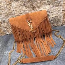 Чанта от велур и кожа с пискюли YSL 22 см, цвят камила