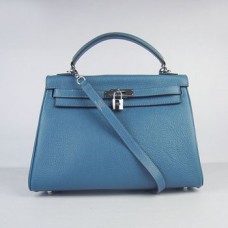 Кожена чанта Hermes Kelly 32 см Togo синьо/сребристо