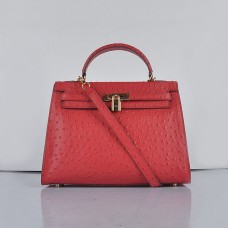 Hermes Kelly 32см Ostrich Vein 6108 Червено-златна