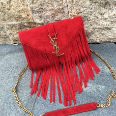 Чанта от велур и кожа с пискюли YSL 22 см, червена