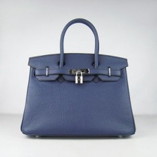 Hermes Birkin 30 см Togo кожена чанта тъмносиньо сребърна