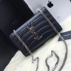 Чанта с верижка от монограм YSL 22 см, крокодилско черно и сребристо