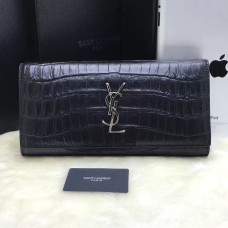Клатч YSL 27 см, кожа, крокодилско дърво, черно и сребристо