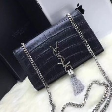 Чанта с пискюли YSL 22 см, крокодилско черно и сребристо