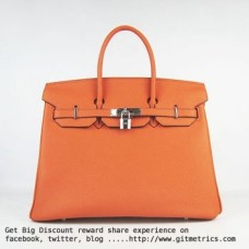 Чанта Hermes Birkin 35 см от говежда кожа, оранжева, сребриста