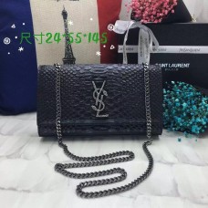 Чанта с верижка от монограм YSL 24 см, черна, със змийска текстура