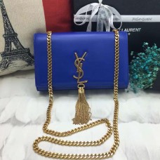 Чанта с верижка и пискюли YSL 22 см, гладка кожа, синьо-златиста