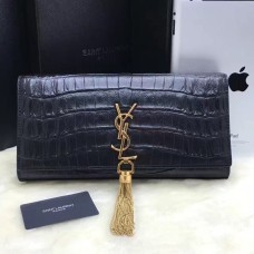 Чанта с пискюли YSL 27 см, крокодилова кожа, черно-златна
