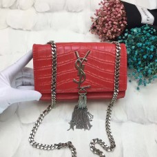 Чанта с пискюли YSL 17 см, крокодилско червено и сребристо