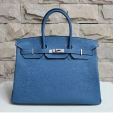 Чанта Hermes Birkin 35 см от говежда кожа, синьо и сребърна