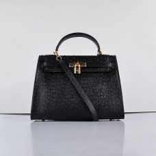 Hermes Kelly 32 см Ostrich Vein 6108 Черно Златист