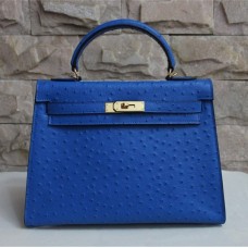 Hermes Kelly 32 см чанта с щраусова вена синьо-златиста