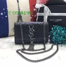 YSL Малка чанта с пискюли, верижка, 17 см, змийско черно и сребристо