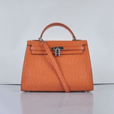 Hermes Kelly 32 см Ostrich Vein 6108 Orange Silver