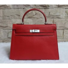Hermes Kelly 32 см Epsom кожена чанта червено-сребристо