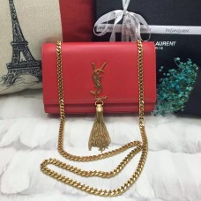 Чанта с верижка и пискюли YSL 22 см, гладка кожа, червено-златна
