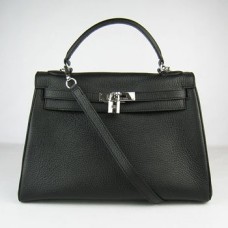 Кожена чанта Hermes Kelly 32 см Togo 6108 черно-сребристо