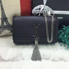 Чанта с верижка и пискюли YSL 22 см, кожа Caviar, черно-сребриста