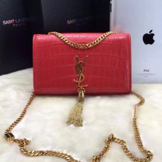 Чанта с верижка и пискюли YSL 22 см, крокодилско червено и златисто