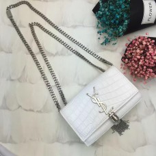 Чанта с верижка и пискюли YSL 17 см, крокодилско бяло, сребристо