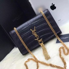Чанта с пискюли YSL 22 см, крокодилско черно и златно