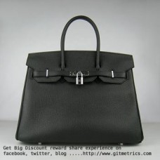 Чанта Hermes Birkin 35 см от говежда кожа, черна, сребриста