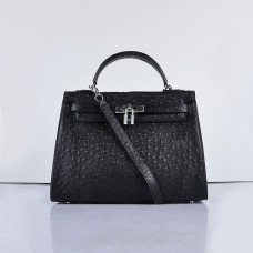 Hermes Kelly 32 см Ostrich Vein 6108 Черно Сребро