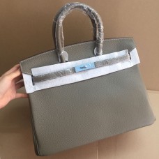 Чанта Hermes Birkin 35 см от говежда кожа, цвят каки, сребърна