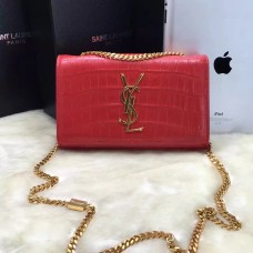 Чанта с верижка от монограм YSL 22 см, крокодилско червено и златисто